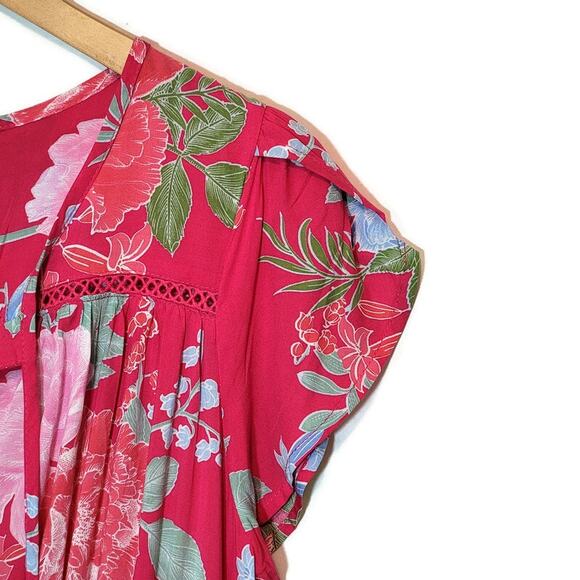 JAASE Floral Midi Dress Short Sleeve Tie Waist Flowy Red Boho Casual Summer XS - Picture 4 of 16